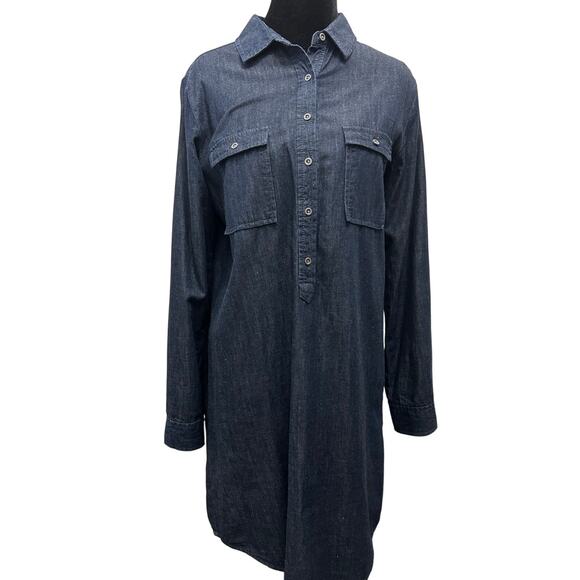 LOFT Denim Shirtdress Tunic Dark Wash Utility Long Sleeve Collared Pockets Small - Picture 1 of 7